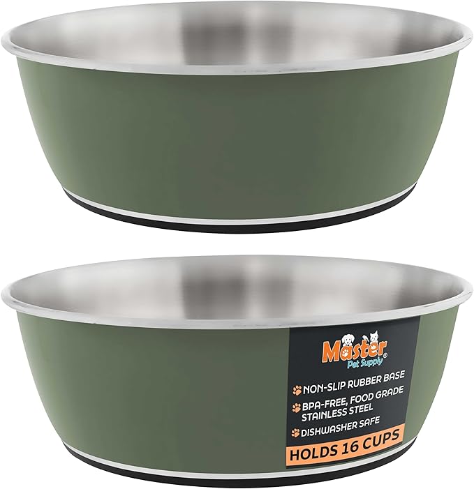 Master Pet Supply Stainless Steel Dog Bowls Set of 2 (128 Oz Each) with Non-Slip Rubber Base - Camo Patrol - Basic Dog Food Bowl Water & Food Bowls for Small Medium Large Dogs & Cats, Metal Dish