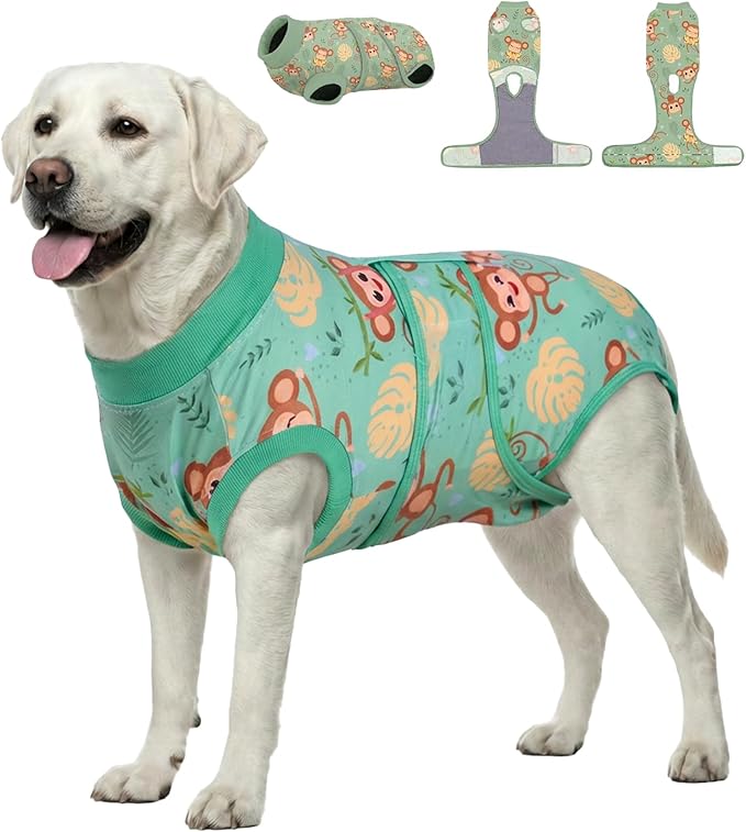 PetWarm Surgery Suit for Dogs Female, Dog Surgery Suit Female Spay, Collars and Cones Alternative Dog Abdominal Wounds Bandages, Onesies for Dogs, Monkey Pattern, Green, XL