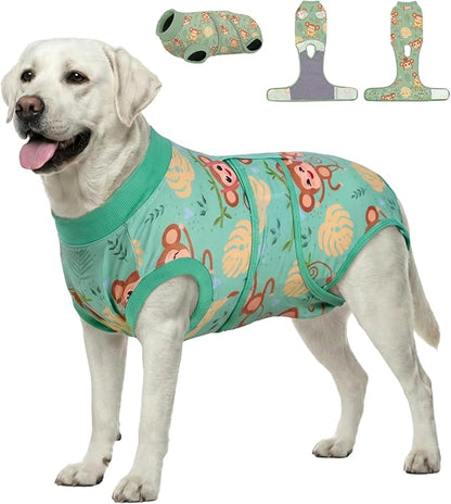 PetWarm Surgery Suit for Dogs Female, Dog Surgery Suit Female Spay, Collars and Cones Alternative Dog Abdominal Wounds Bandages, Onesies for Dogs, Monkey Pattern, Green, XL
