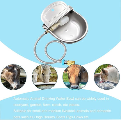 Automatic Animal Water Bowl with Float Valve, 304 Stainless Steel Livestock Water Dispenser for Dog Horse Goat Pig Cow Livestock Water Bowl Kit Includes Bowl, Pipe, 2 Valves, Quick Connector Adapter
