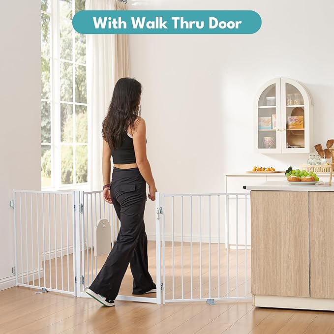 No Pawblems Free Standing Dog Gate with Cat Door, 30'' Tall Foldable Dog Fence for Indoor & Outdoor, Up to 104 Inch Extra Wide Puppy Gate for Stairs, Hallways, Doorways, Deck, Yard (White, 4 Panels)