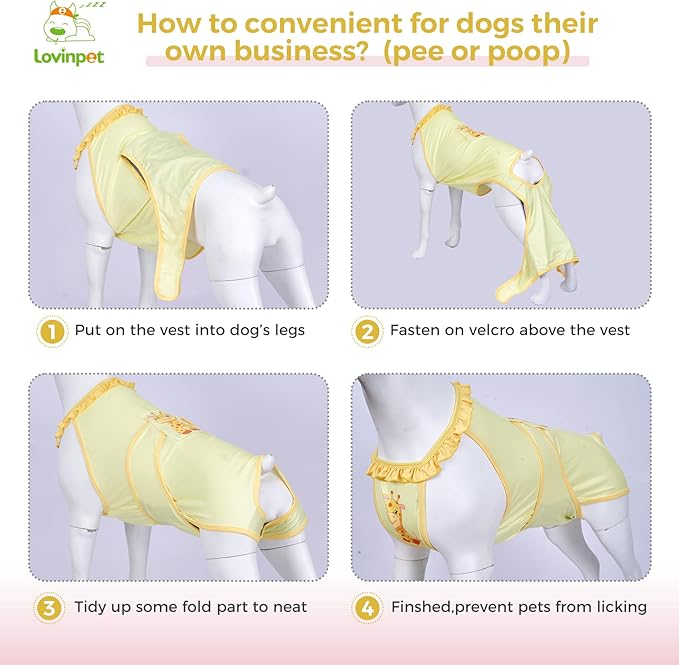 LovinPet Dog Recovery Suit for Large Medium Dogs - Wound Protective Surgical E-Collar Alternative Recovery Bodysuit for Abdominal Wounds After Surgery Dog Onesies,Yellow,Deer Pattern,L