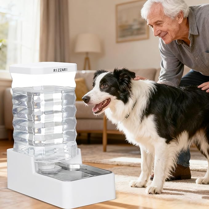 RIZZARI Stainless Steel Pet Water Feeder: 10L Gravity Waterer with Filter - Splash-Resistant - Dust-Resistant Lid -Easy to Clean - No Power Needed - for Cats & Dogs - Crate Area/Kitchen Corner