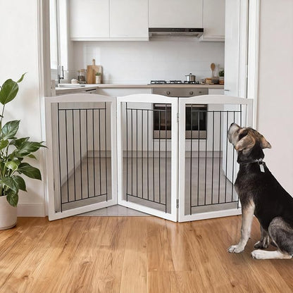 ZJSF Freestanding Foldable Dog Gate for House Extra Wide Wooden White Puppy Gate Stairs Dog Gates Doorways Tall Pet Gate 3 Panels Pet Fence