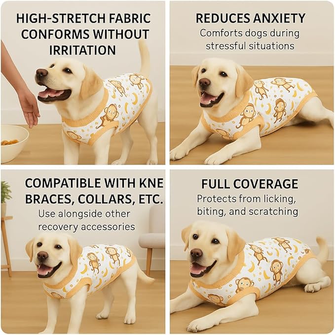 PetWarm Dog Surgical Suit, Recovery Suit for Dogs After Surgery, Collars and Cones Alternative Dog Abdominal Wounds Bandages, Onesies for Dogs, Monkey Pattern, Yellow, 2XL
