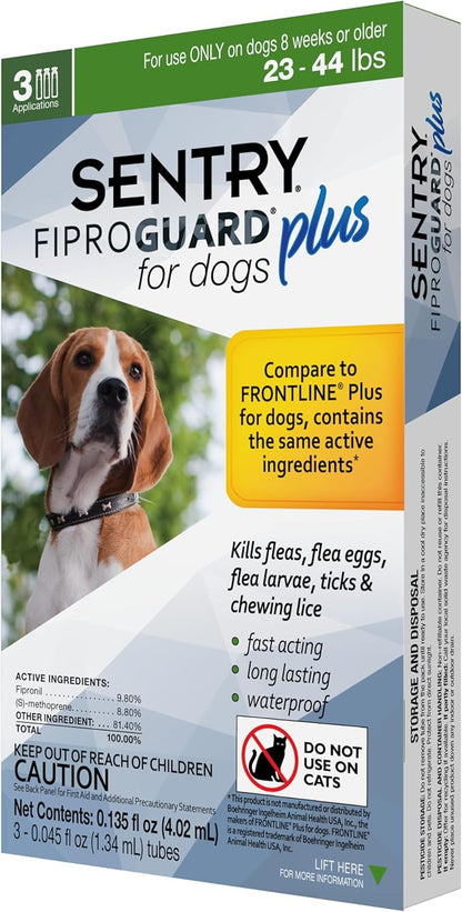 Sentry Fiproguard Plus for Dogs, Flea and Tick Prevention for Dogs (23-44 Pounds), Includes 3 Month Supply of Topical Flea Treatments