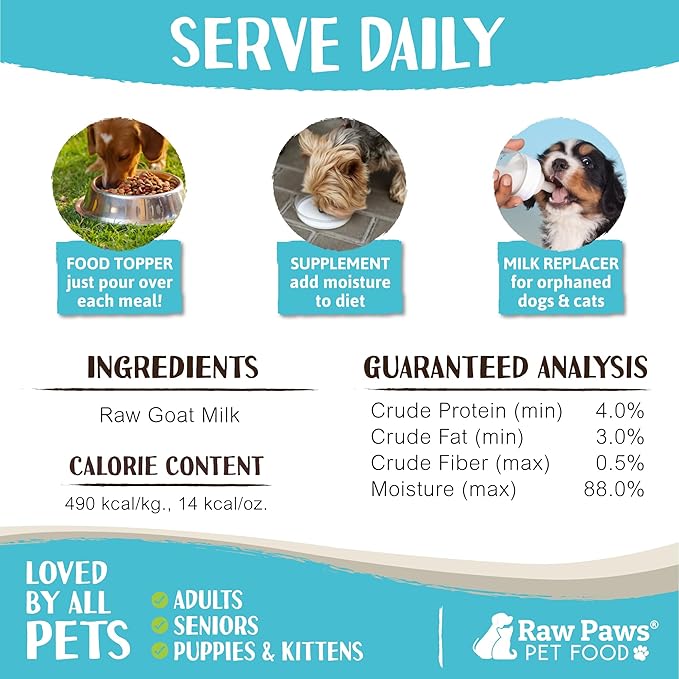 Raw Paws Raw Unpasteurized Goat Milk for Dogs & Cats, 16-oz, 14 Pack - Pet Milk Replacer for Puppies & Kittens, Goat Supplement for Dogs, Sensitive Stomach Dog Food Topper, Frozen Raw