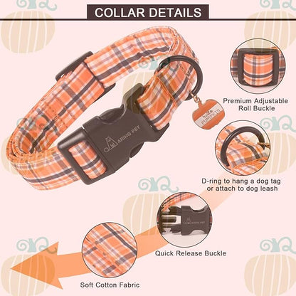 ARING PET Puppy Fall Dog Collar, Autumn Orange Black White Plaid Pet Collars for Small Medium Large Girl Boy Dogs Halloween-S Size