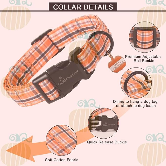 ARING PET Puppy Fall Dog Collar, Autumn Orange Black White Plaid Pet Collars for Small Medium Large Girl Boy Dogs Halloween-M Size