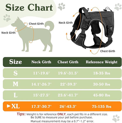 VavoPaw Heavy Duty Tactical Dog Harness for Large Dogs, No Pull Adjustable Pet Harness Reflective Service Training Easy Control Pet Vest Military K9 Working Dog Harnesses, Black, XL