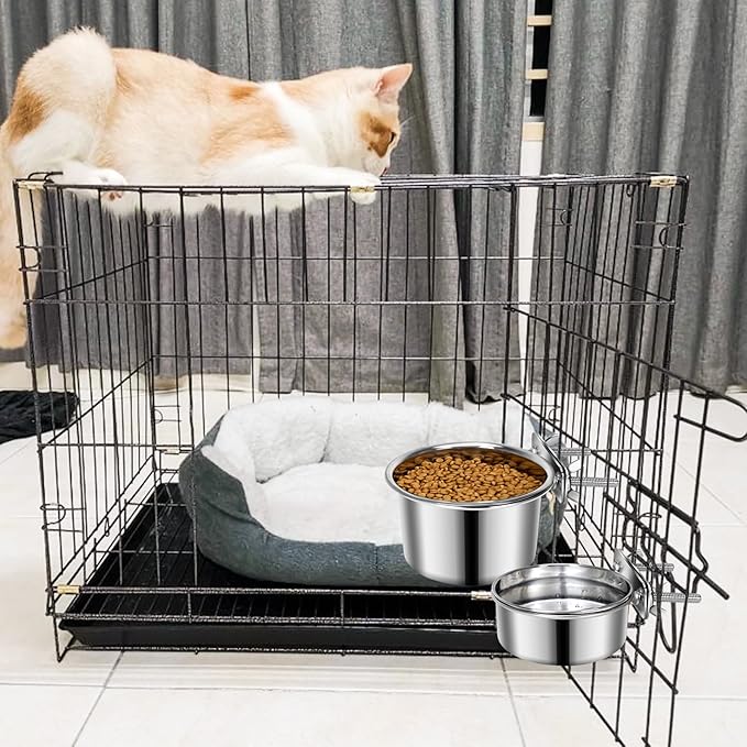 2 Pcs Small Pet Dog Food Water Bowl for Cage Stainless Steel Non-Spill Kennel Hanging Cats Pets Bowls with Clamp Holder Crate Feeder Dish for Small Dogs Pets (5.1x2.9'' & 4.7x1.9'')