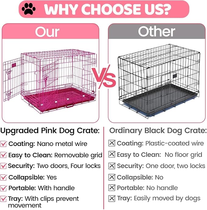 HOMEY PET 30 Inch Pink Dog Crate, Cute Dog Cage Medium Sized Collapsible Small Dog Kennel Indoor Nano-Coated Metal Wire Dog Crate with Removable Floor Grid Tray, Double Doors Dual Locks, Handle