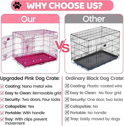 HOMEY PET 30 Inch Pink Dog Crate, Cute Dog Cage Medium Sized Collapsible Small Dog Kennel Indoor Nano-Coated Metal Wire Dog Crate with Removable Floor Grid Tray, Double Doors Dual Locks, Handle
