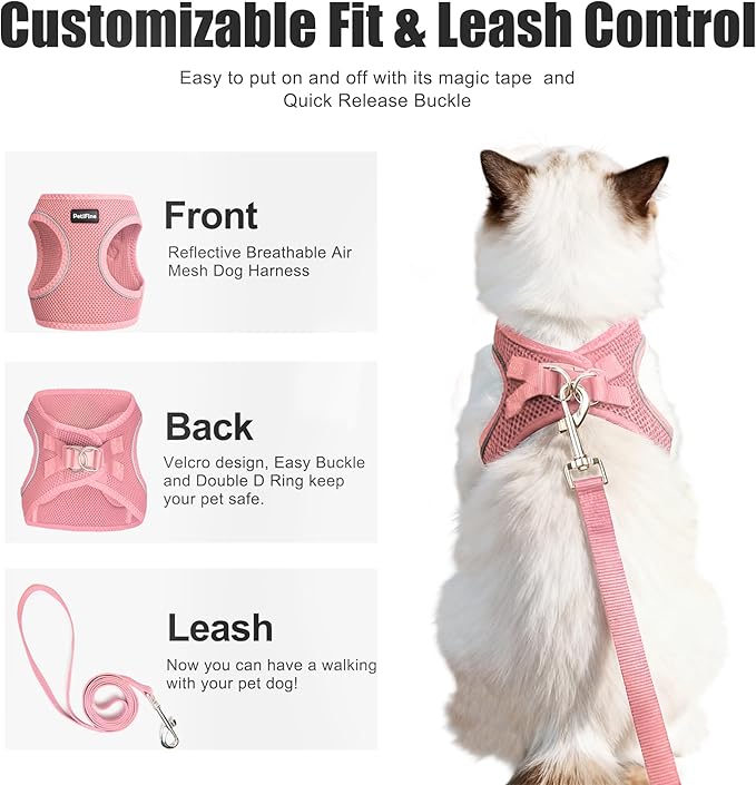 PetiFine Extra Small Step in Dog Harness and Leash Set, Cat Harness and Leash Escape Proof, All Weather Mesh Reflective, Step-in Air Vest Harnesses for Puppy(XXS, Pink)
