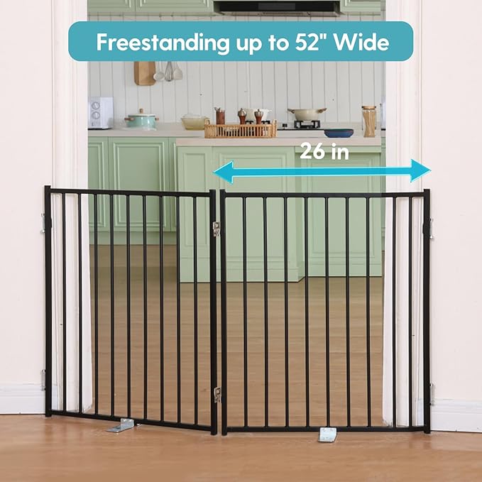 No Pawblems Free Standing Dog Gate, 30" Tall Foldable Dog Fence for Indoor, Up to 52 Inch Extra Wide Puppy Gate Extension for Stairs, Hallways, Doorways, Deck, Yard (Black, 2 Panels)