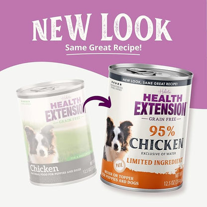 Health Extension 95% Chicken Grain-Free Wet Dog Food, High Protein Recipe, Limited Ingredients, Picky Eaters, Ideal for Sensitive Stomachs 12.5 oz (Case of 12)