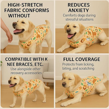 PetWarm Dog Recovery Suit Male Neutered Surgery, Substitute E-Collar Cone Prevent Licking Onesies for Dogs, Dog Surgery Recovery Suit, Female Male Onesie for Dogs Spay Neuter, Zoo Pattern, Yellow, 2XL