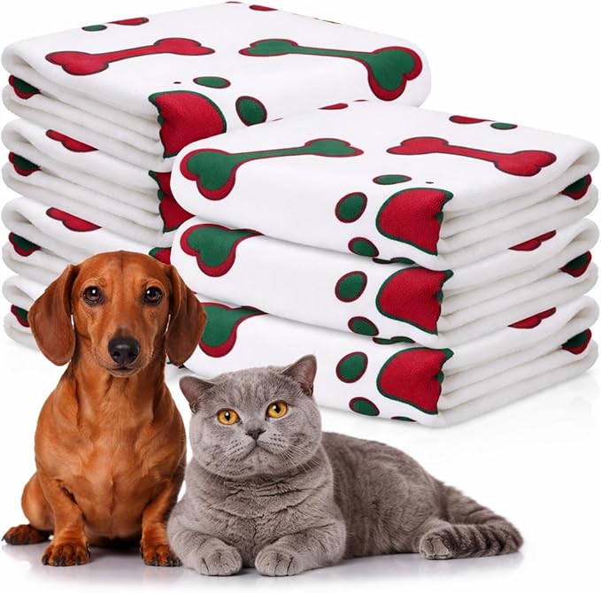 Chumia 8 Pcs Dog Towels for Drying Dogs Cats Pet Towels Bulk Puppy Microfiber Fast Drying Paw Bath Bathing Supplies Absorbent for Medium Pets(40 x 24 Inch,Dog Paw and Bone,Red Green)
