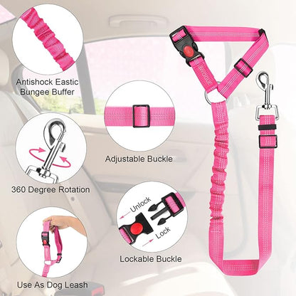 BWOGUE Pet Dog Cat Seat Belts, Car Headrest Restraint Adjustable Safety Leads Vehicle Seatbelt Harness (1 Pack, Pink, Elastic)