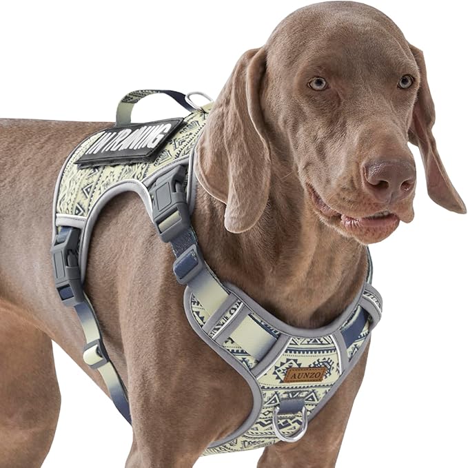 AUNZO Gray Tactical Dog Harness for Large Dog Breeds, No Pull Adjustable Pet Harness with Handle, Reflective K9 Military Service Dog Vest for Walking Hiking Training, Gray Ethnic, XL