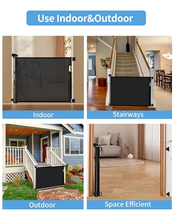 Veraste (2 Pack) Retractable Baby Gate for Doorways and Stairs, Mesh Safety Gate for Pet, Indoor & Outdoor Use, One-Hand Operation, Easy Installation, 33.6" Tall, Expands to 55" Wide（Black,33.6"x55"