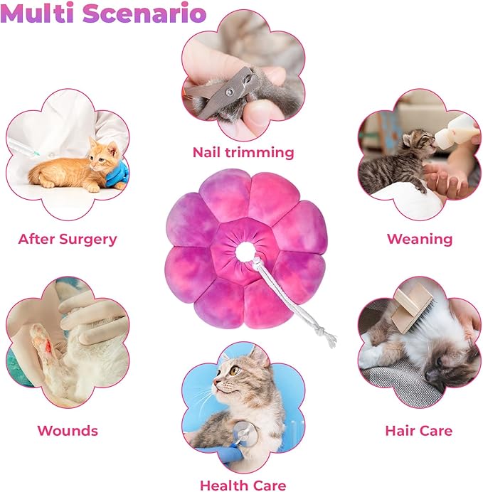 Flower Cat Cone, Uadonile Adjustable Cat Cone Collar, Soft Dog Elizabethan Collar Recovery E Collar After Surgery, Recovery E-Collar for Kittens/Puppies and Cats Recovery(Tie-dye Rose Purple, S)