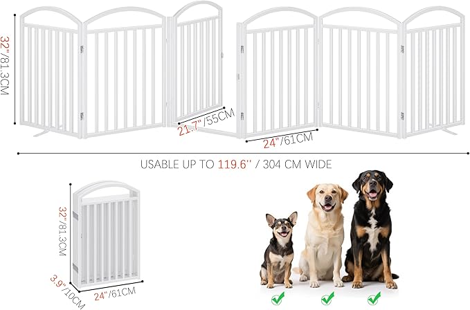 Folding No-Assembly Freestanding Dog Gate with Door,32" Heights Foldable Pet Fence,144" Extra Wide Accordion Puppy Folding Playpen for Doorways,House,Stairs (6 Panels,White)