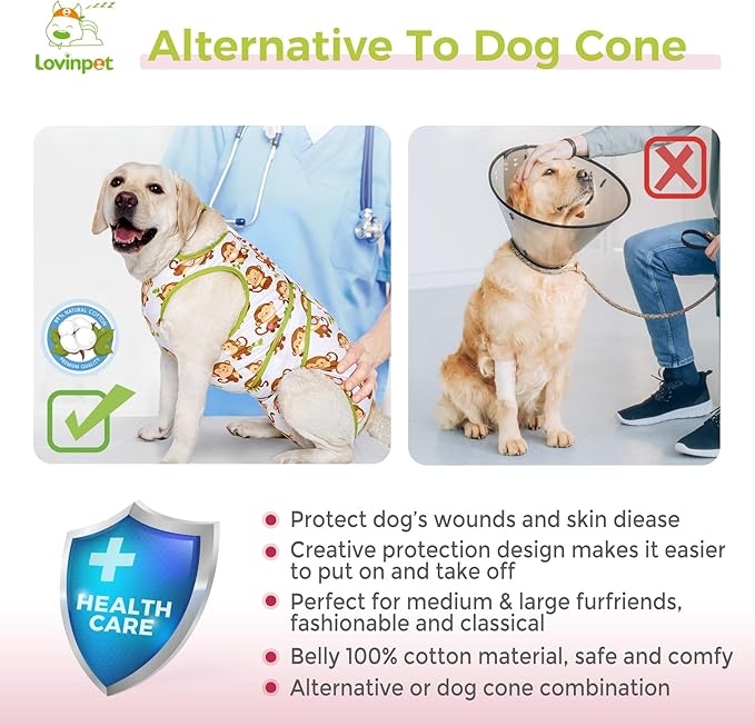 LovinPet Dog Recovery Suit - Medium Large - After Surgery Big Dog Recovery Suit Anti Licking Abdominal Wound Surgical Clothes Post-Operative Vest E-Collar Alternative,Monkey,Green,L