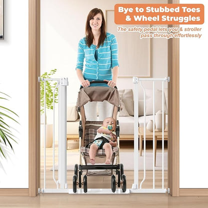 34" Extra Tall Baby Gate for Stairs, Auto Close Stroller Friendly Dog Gate Indoor for Doorways, Pressure Mounted 29"-40" Wide Baby Gate, Easy Walk Through Gate for Children & Pets, White