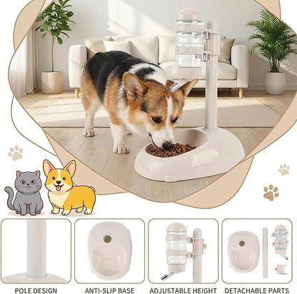 Denash Pet Standing Water Dispenser Feeder, 500ml Dog Water Feeder Bottle Adjustable Raised Pet Food Bowl for Dogs Detachable Bottles Easy Cleaning (Beige)