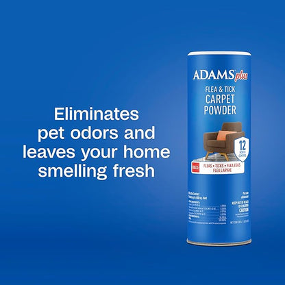 ADAMS Plus Flea & Tick Carpet Powder, Kills Fleas and Ticks On Contact, Prevents Flea Infestations for 12 Months, for Carpets and Upholstery, Freshens and Deodorizes, Treats Up to 400 sq ft, 16 oz
