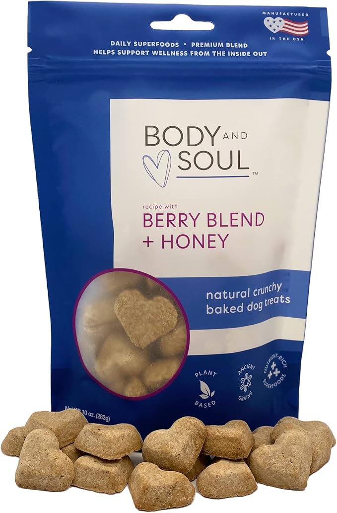 Body and Soul Berry Blend + Honey Crunchy Premium Health Training Dog Treats Superfood Oven Baked Biscuits Oats, Barley & Quinoa – Clean Natural Plant Protein, No Additives No Fillers Made in USA 10oz
