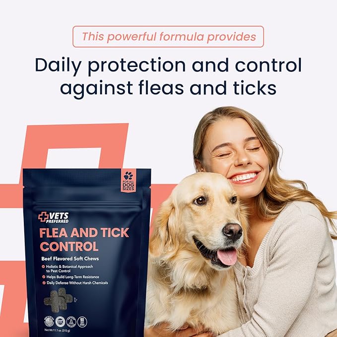 Vets Preferred Flea and Tick Prevention for Dogs Chewable - Daily Defense Without Harsh Chemicals - Immune Support & Antioxidant Protection - Beef Flavored - 90 Soft Chews