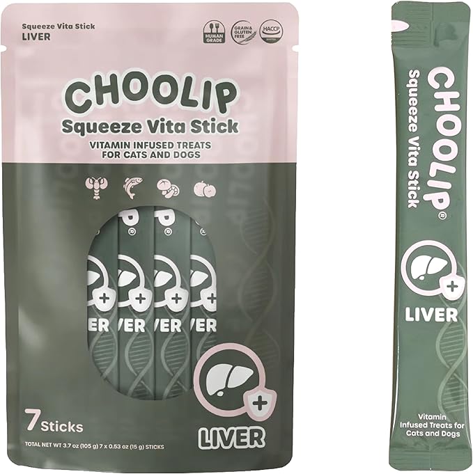 Choolip Squeeze Vita Stick Lickable Cat and Dog Treats, 7-Count Liver Support, Salmon and Lobster with Milk Thistle, CoQ10 and Vitamin E, Vet-Formulated