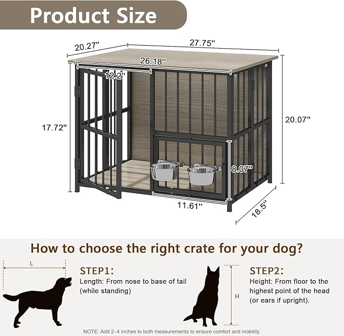 Hadulcet Foldable Dog Crate Furniture, No Assembly Indoor Dog Kennel with Storage Top, Wooden Dog Crate Table for Small to Medium Dogs (Up to 30 lbs), 27.55” Furniture Style Dog Cage with 2 Bowls Gray