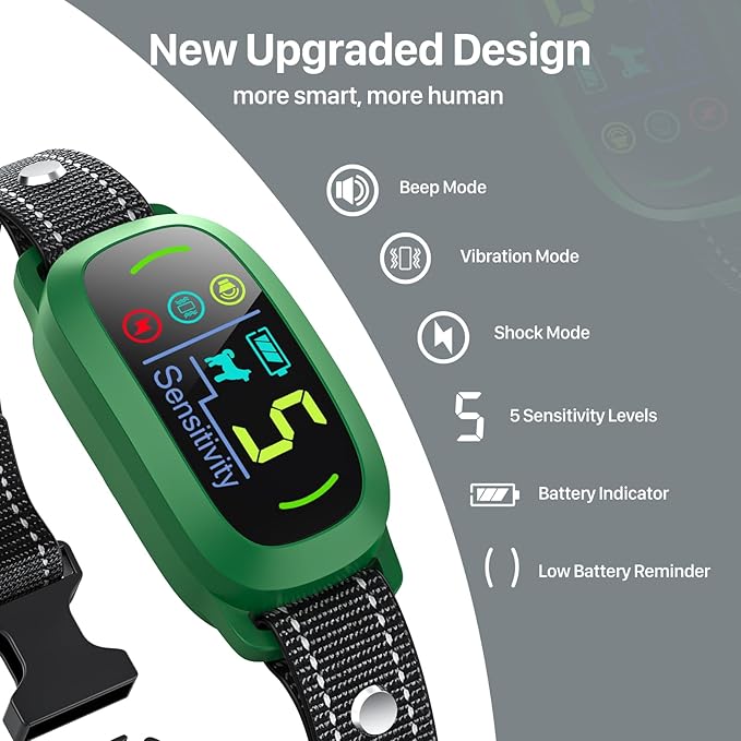 Dog Bark Collar, Rechargeable Smart Collar, Anti Barking Training Collar with 5 Adjustable Sensitivity Beep Vibration, Bark Collar for Large Medium Small Dogs (Green)