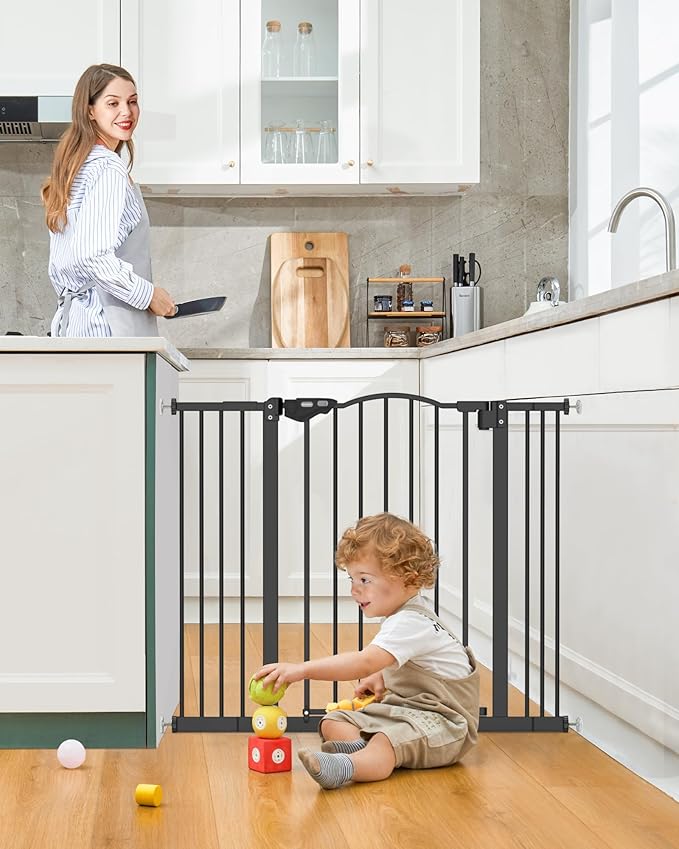InnoTruth 29-39.6”Baby Gate for Stairs & Doorways,28" Tall Dog Gate for Pets,Dual-Lock Safety and One Hand Opening Design,Pet Gate for Hallways,Outdoors,Wall-Friendly Pressure Mounted, Pure Black