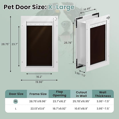 3-Flap Insulated Aluminum Dog Door for Walls, Heavy-Duty Telescoping Pet Door with Dual Security Locks & Magnetic Flaps, Closing Panel, XLarge, Pets Up to 220 LB