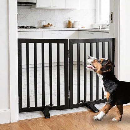 ZJSF Freestanding Indoor Dog Gate for House Foldable Wood Puppy Gate for Doorways Pet Gate for Stairs Extra Wide Pet Fence, Black, 24" Height 2 Panels