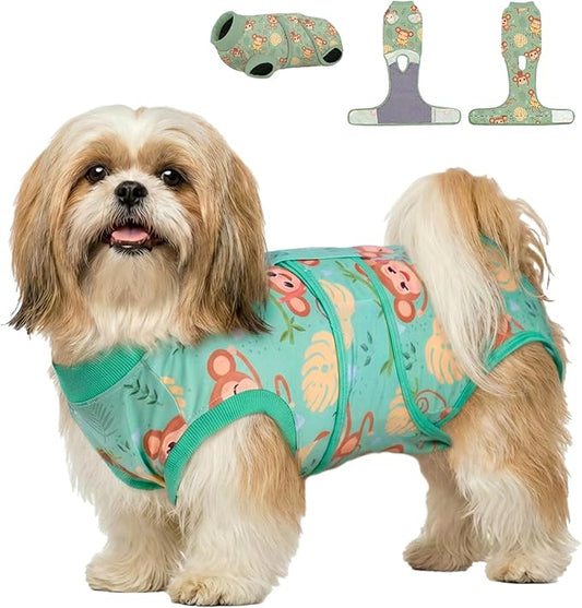 PetWarm Dog Surgical Recovery Suit Male, Recovery Suit for Dogs After Surgery, Collars and Cones Alternative Dog Abdominal Wounds Bandages, Onesies for Dogs, Monkey Pattern, Green, XS