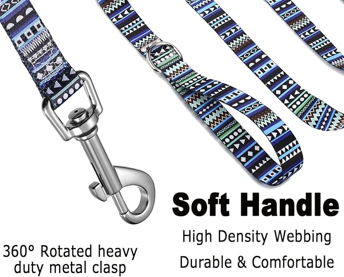 Mihqy Dog Collar and Leash Set with Bohemia Floral Tribal Geometric Patterns - Soft Ethnic Style Collar Adjustable for Small Medium Large Dogs(Bohemian Blue Set,XS)