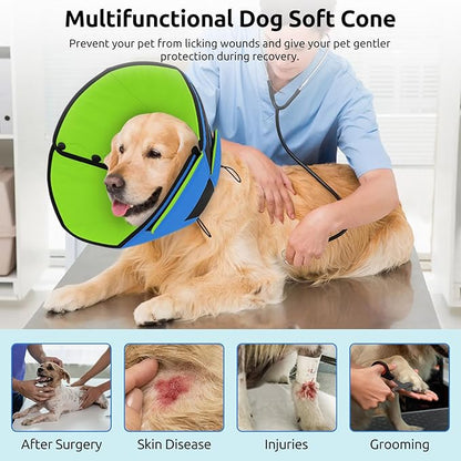 Queenmore Dog Cones for Large Dogs, Soft Dog Cone for Large Breeds, Cone for Dogs After Surgery, Adjustable Elizabethan Collar for Pet to Prevent Licking Wounds, Blue&Green L