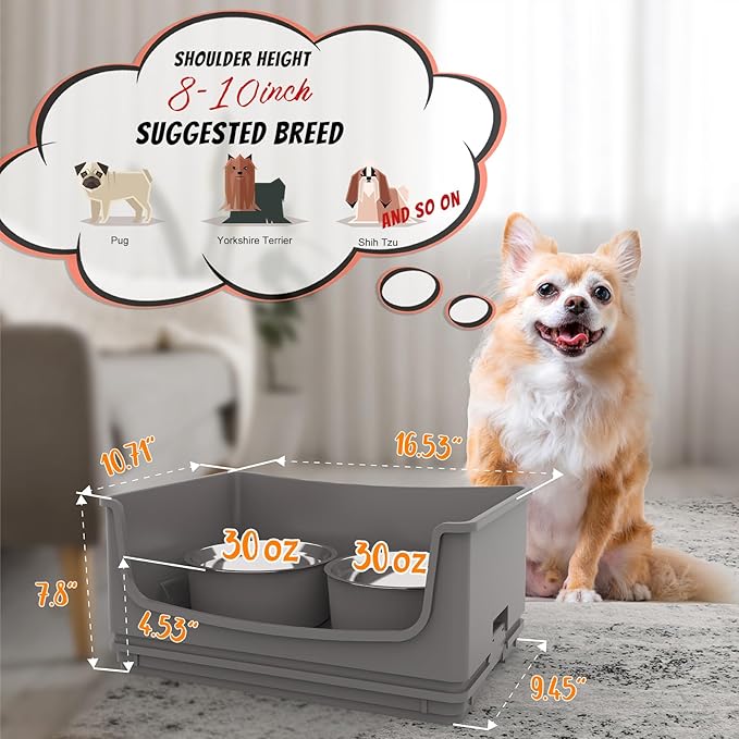 Elevated Dog Bowl Stand Set,Quiet Eating Mess Proof Raised Dog Bowls 2 Stainless Steel Food Bowls,Splash Water Collection Non-Slip Small Cat Feeding Table