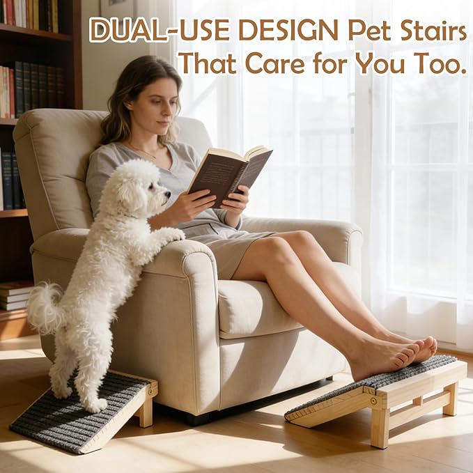 2 Pack Dog Ramp for Stairs - Foldable Wood Dog Stair Ramp with Non-Slip Carpet Surface, Portable Pet Steps for Stairs, Threshold- Assist Small Dog, Senior and Injured Dogs, Easy Store (Pet Safe)