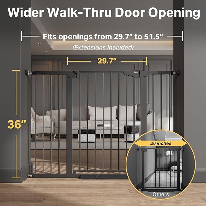 Cumbor 36" Extra Tall 29.7-51.5" Baby Gate for Stairs, Easy Walk Through Dog Gates for Doorways Extra Wide, Pressure Mounted Tall Pet Gate Indoor, Safety Auto-Close Child Gate for Kids, Black
