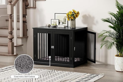 PUPETPO Large Dog Crate Furniture, Wooden Dog Kennel with Cushion, Dog Crate End Table Large, Indoor Dog Kennel, Modern Decorative Dog Crates with Flip Top, Chew-Proof Metal Bars, Black