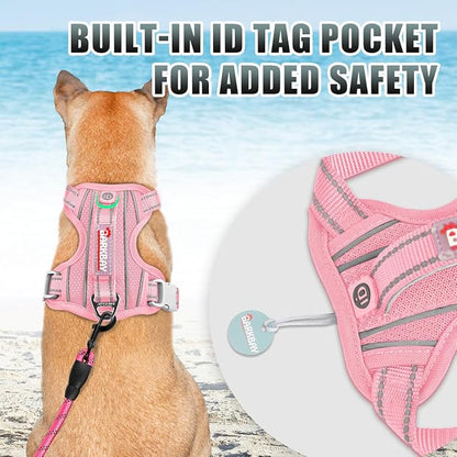 BARKBAY No Pull Dog Harness Large Reflective Dog Harness with Front Clip and Easy Control Handle for Walking Training Running with ID tag Pocket(Baby Pink,XL)