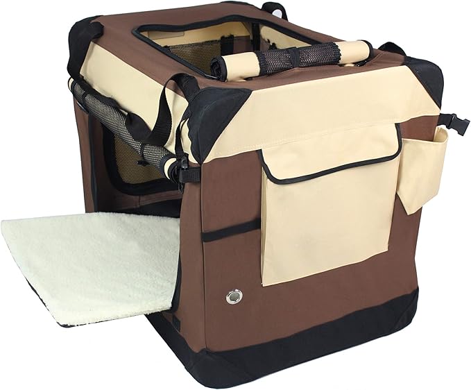 EliteField 4-Door Folding Soft Dog Crate with Curtains, Carrying Bag and Fleece Bed (2 Year Warranty), Indoor & Outdoor Pet Home (30" L x 21" W x 24" H, Brown+Beige)