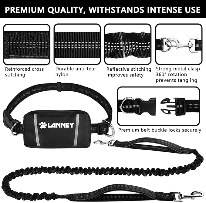 Hands Free Dog Leash, Waist Running Leash with Zipper, Walking Pouch for Medium Large Dogs, Dual Handle and Retractable Bungee for Training Jogging Hiking