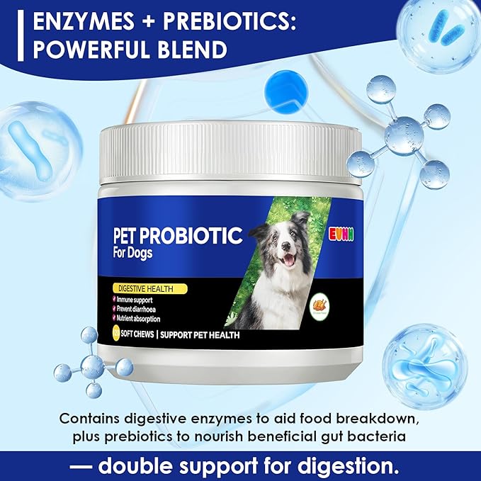 Probiotics for Dogs with Digestive Enzymes & Prebiotics - Diarrhoea Relief, Gut Health Support, Immune & Anti-Itch Function, Chicken Flavor, 120 Chews